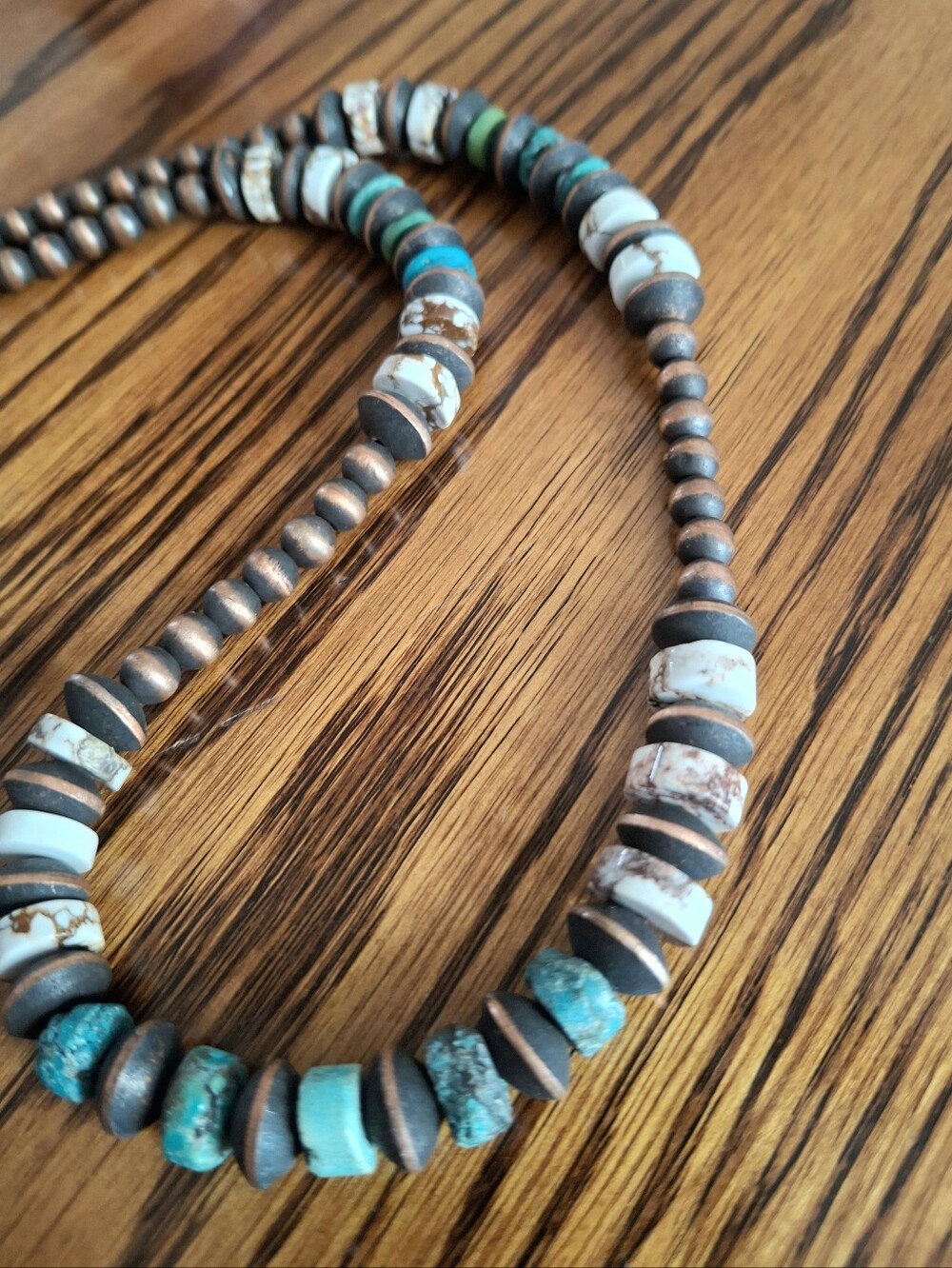 Turquoise, Wild Horse Heishi Copper Pearl Necklace 18" With 3" Extender
